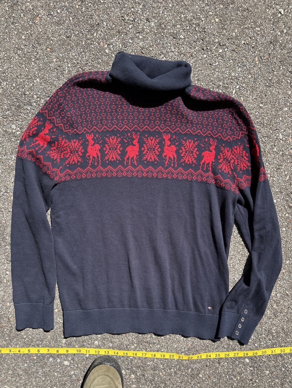 Tommy Hilfiger navy sweater with red fair isle hem
